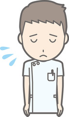 Illustration that male nurse wearing a white coat apologizes for bowing