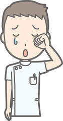 Illustration that a male nurse wearing a white suit is crying