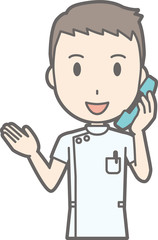 Illustration that a male nurse wearing a white coat is talking on the phone
