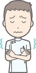 A male nurse wearing a white coat is cold and trembling illustrations