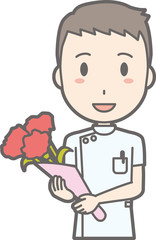 Illustration that a male nurse wearing a white suit has a bouquet of flowers