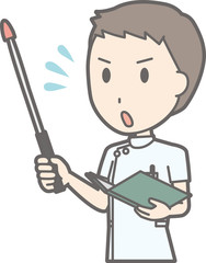 Illustration that a male nurse wearing a white suit is impatient with an instruction stick