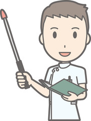 Illustration that a male nurse wearing a white suit is laughing with an instruction stick
