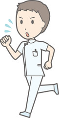 Illustration of a scene in which a male nurse wearing a white suit is running