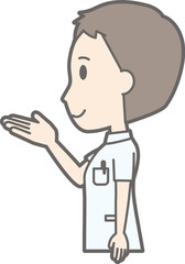 Illustration that a male nurse wearing a white suit is turning sideways