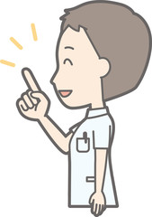 Illustration that a male nurse wearing a white coat turns sideways and points at a finger
