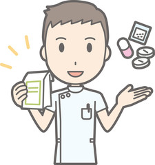 Illustration that a male nurse wearing a white suit has drugs