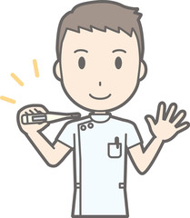 Illustration that a male nurse wearing a white coat has a thermometer