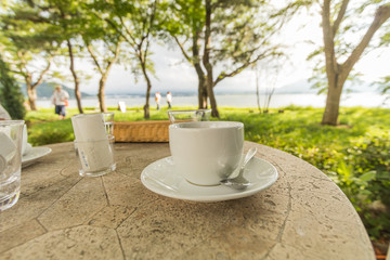  White cup of black coffee and beautiful landscape of trees  and lack  blurred background.