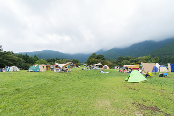 Lake and mountain view ,Camping tents in Yamanashi Prefecture, Japan .