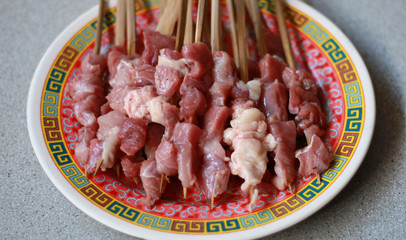 Raw goat satay or lamb satay. Ready grilled.