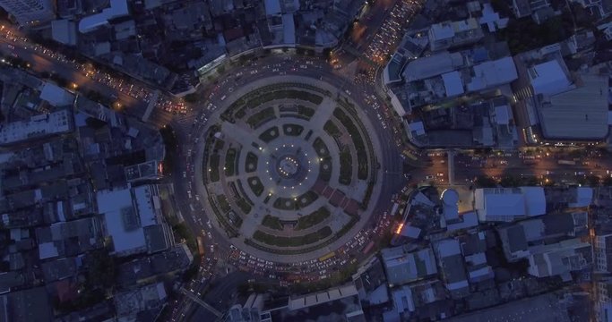 Traffic at Huge roundabout in Bangkok, Thailand. Drone footage.