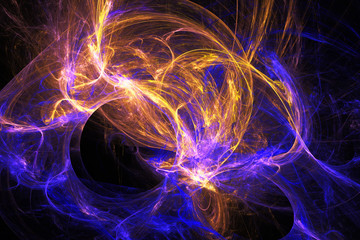 Abstract blue and gold fiery shapes on black background. Fantasy fractal texture. 3D rendering.