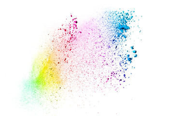 Multicolored powder explosion on white background.