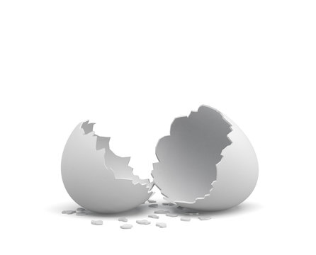 3d rendering of an empty cracked chicken egg with a white shell and several pieces of it lying around.