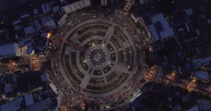 Traffic at Huge roundabout in Bangkok, Thailand. Drone footage.