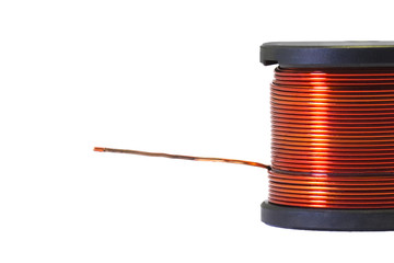  Copper coil, Ferrite core inductor on white background. passive two-terminal electrical component that stores electrical energy in a magnetic field.