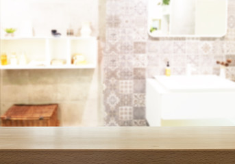 Naklejka na ściany i meble Wood table top with blurred bathroom