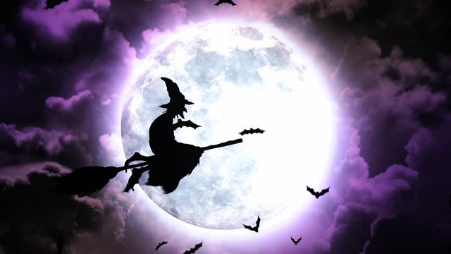 Halloween background animation with the concept  Moon and Bats and Flying Witches