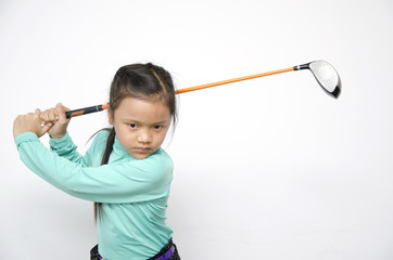 Little asian girl training in golf sport girl isolate on white with clipping path
