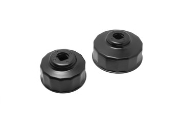 Oil Filter Wrench Cup Type, Top view of Black oil filter wrench removal tools with a two size for engine oil maintenance, tools isolated on white background. Automotive tools concept.