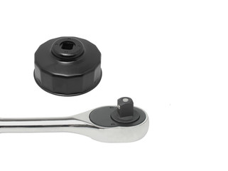 Oil Filter Wrench Cup Type, Oil filter wrench removal tools and ratchet spanner wrench for engine oil maintenance, tools isolated on white background. Automotive tools concept.