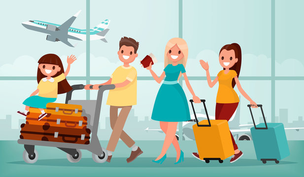 Happy family in airport terminal. Vector illustration in a flat style