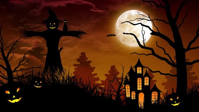Halloween background animation with the concept of  Spooky Pumpkins, Moon and Bats and Scarecrow and Haunted Castle.