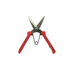 Zinc cutting scissors with red handle plastics. Tools isolated on white background.