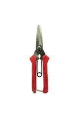 Zinc cutting scissors with red handle plastics. Tools isolated on white background.