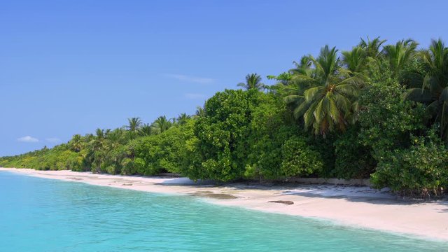 Tropical island at maldivian atoll in Indian Ocean. Wild  and uninhabited coast with palm trees. Travel destinations 