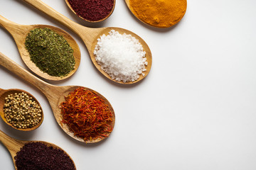 Indian spices isolated on white background with copy space