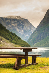 Fototapeta na wymiar Camp site with picnic table in norwegian nature
