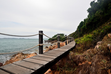  Wood bridge hillside seacoast surrounded bueatiful nature