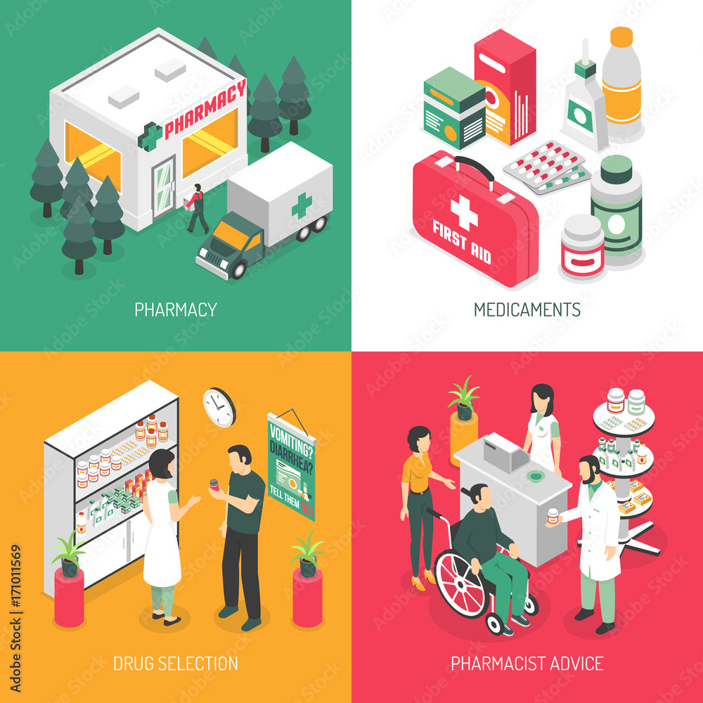 Sticker pharmacy 4 isometric icons square