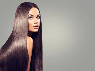 Garden poster Hairdressers Beautiful long hair. Beauty woman with straight black hair on dark background