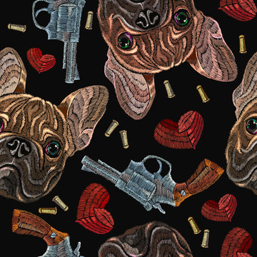 Embroidery bulldog, hearts and guns seamless pattern. Wild west embroidery old revolvers, red hearts and french bulldog dog, gangster fashion background. Design of clothes, t-shirt design