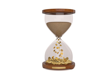 Hourglass with golden coins on white background,3D illustration.