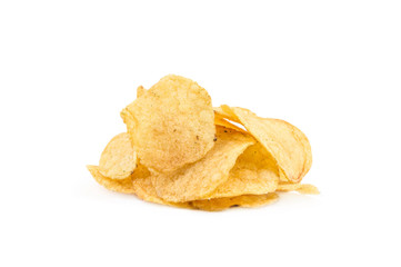 Heap of potato chips on a white background.