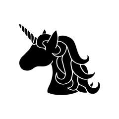 Black silhouette of unicorn. Vector illustration drawing, isolated on white background. Black shape of unicorn's head. Graphic icon, print or logo.