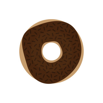 Sweet chocolate doughnut, vector illustration drawing. Donut with chocolate icing and chocolate sprinkles. Graphic icon or print isolated on white background.