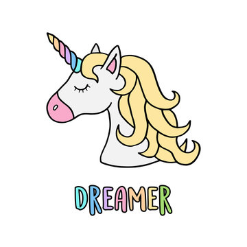 Unicorn vector illustration drawing with rainbow writing Dreamer. Unicorn's head cartoon, isolated on white background.