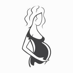 Fototapeta na wymiar Drawing linear beautiful pregnant girl in dark clothes. Birth of a child. Vector graphic illustration, draw black and white silhouette for design.