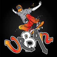 Stylish skater in jeans and sneakers. Skateboard. Vector illustration for a postcard or a poster, print for clothes. Street cultures.