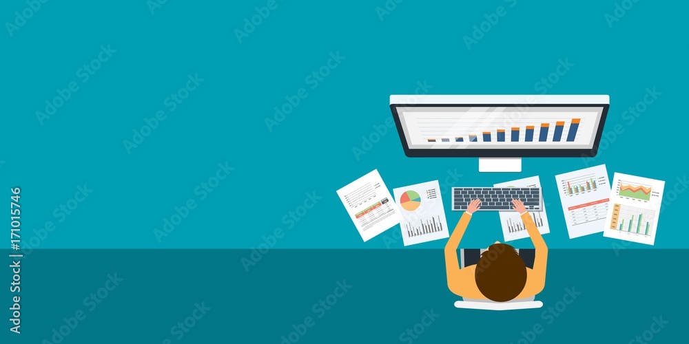 Aufkleber concept banner design flat businessman monitoring analytics  investment and finance report  on monitor concept