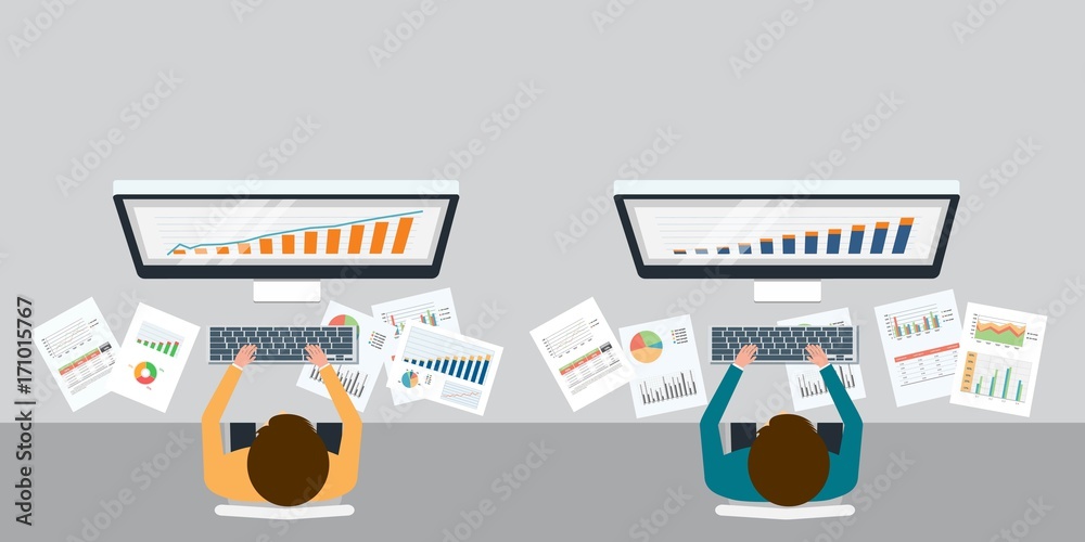 Poster two businessman analytics investment and finance report graph on monitor concept