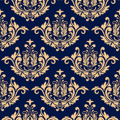 Seamless blue pattern with golden wallpaper ornaments