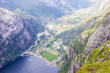 Fototapeta na wymiar Aerial View of Lysefjord and Lysebotn from the mountain Kjerag, in Forsand municipality.
