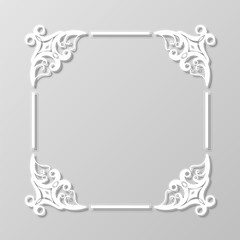 Abstract square lace frame with paper swirls, vector ornamental background, eps10