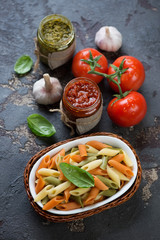 Penne pasta of italian flag colors with red pesto and basil pesto sauces, studio shot